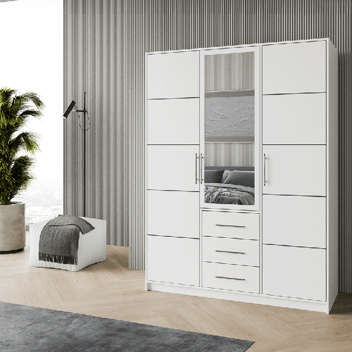 The BALI D3 wardrobe in white in a modern living room.