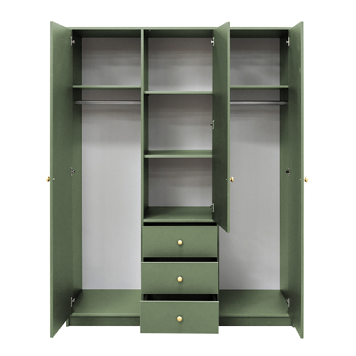 The interior of the SIENA II D3 wardrobe presenting 4 shelves, 2 hanging rails, and 3 drawers