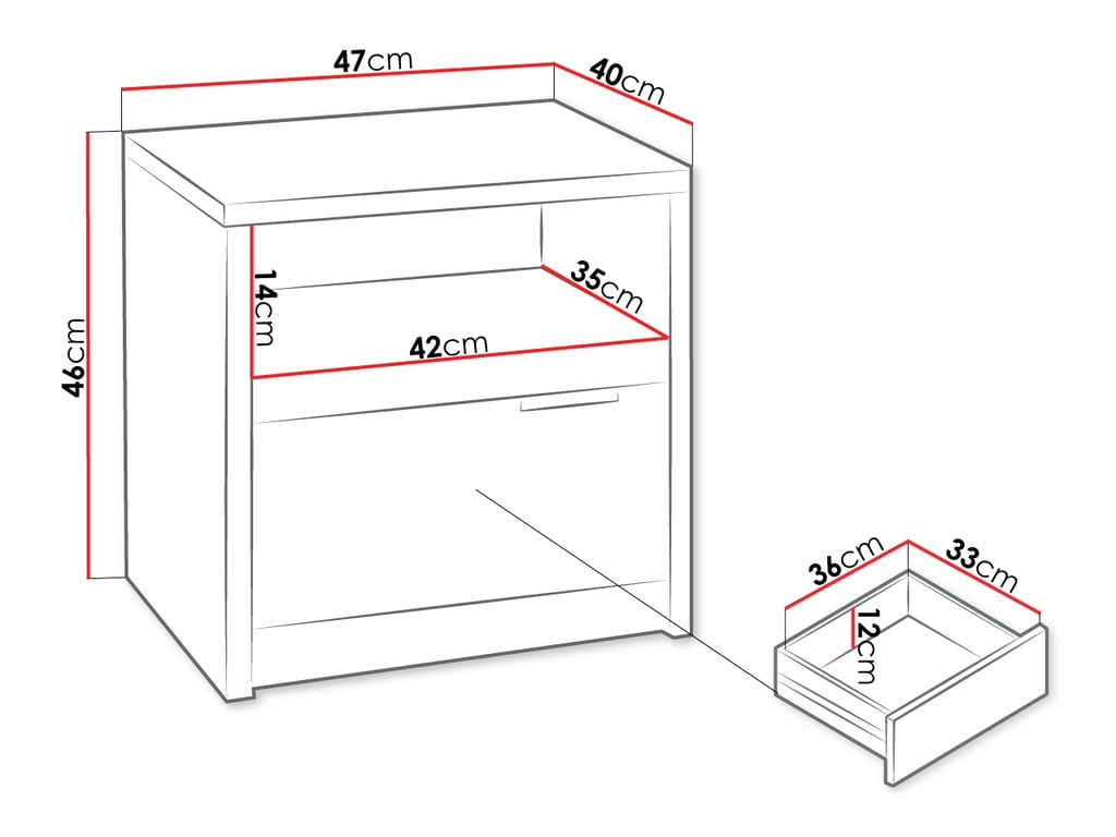 Diagram of bedside table DENERIO with dimensions