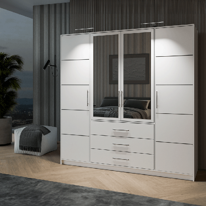 Wardrobe BALI D4 in white with double LED in a cosy bedroom.