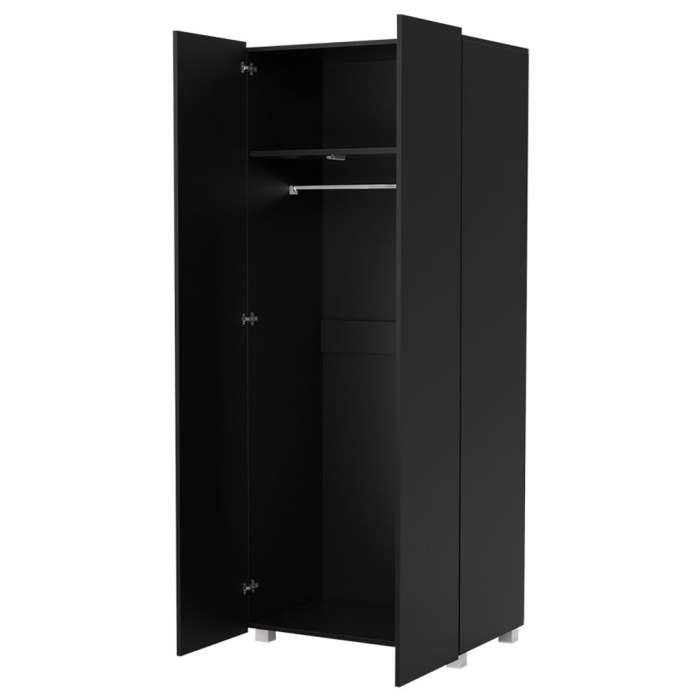 The interior of the hinged door COLAMBRINI in black/black gloss, showing a shelf and hanging rail