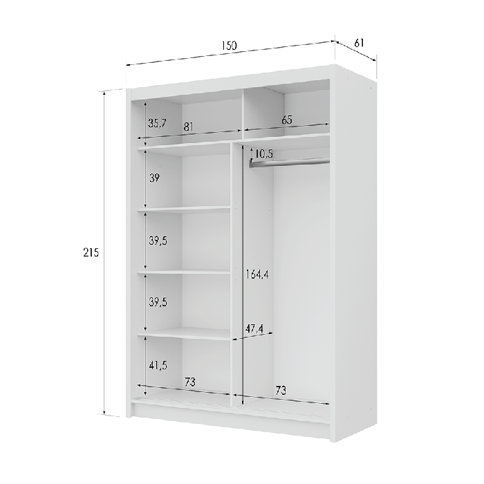 The interior and dimensions of the VISTA 150cm wardrobe white presenting 1 hanging rails and 5 shelves. 