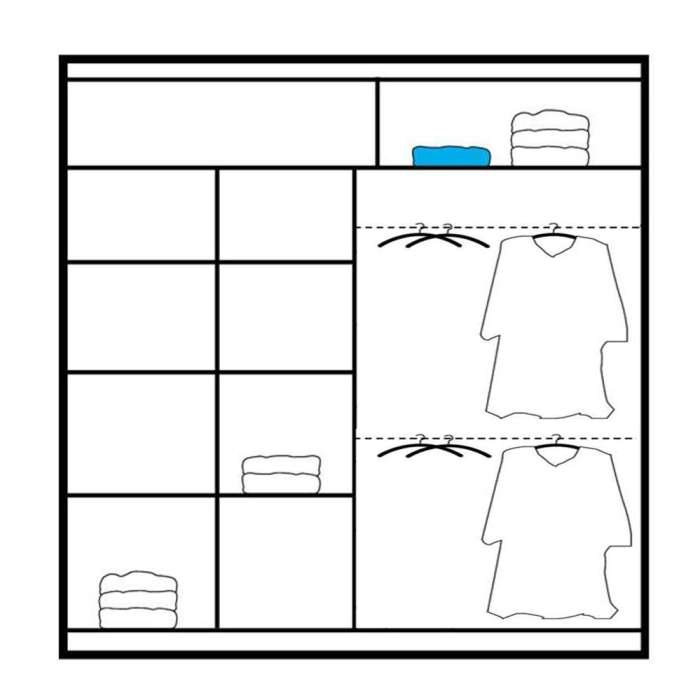Diagram of the interior of TURYN 203cm wardrobe presenting 8 shelves and 2 hanging rails
