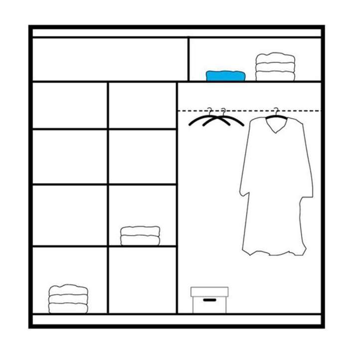 The interior of the SALWADOR 203cm wardrobe presenting a different configuration of 1 hanging rail and 8 shelves.