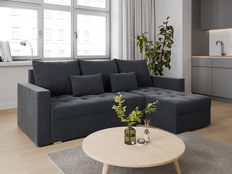 Folded corner sofa bed FOSTER charcoal, right corner in beautiful and cosy living room.