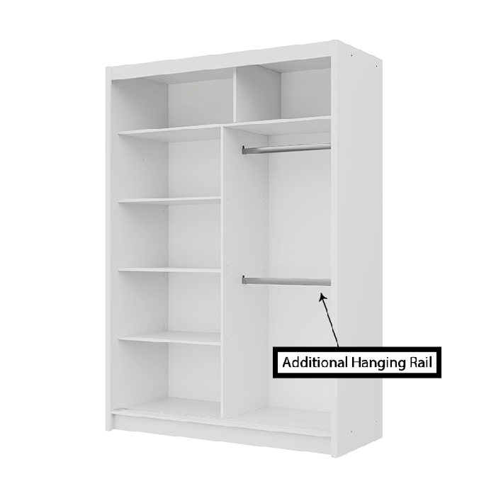 The interior of the VISTA 150cm wardrobe presenting a different configuration of 2 hanging rails and 5 shelves.