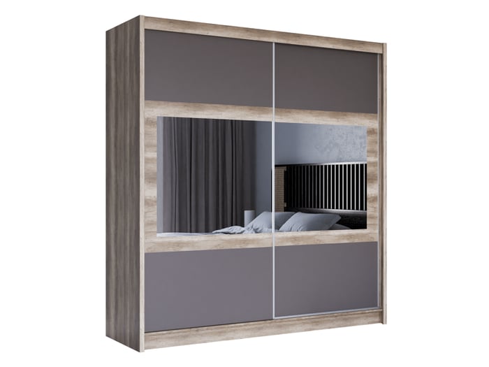 The sliding door wardrobe SALWADOR 203cm oak canyon + lava with horizontal mirrors on doors.