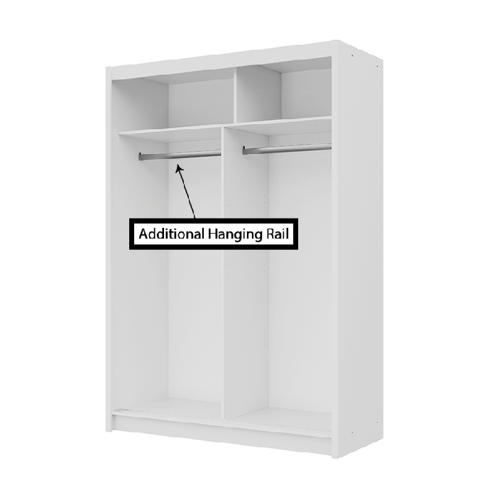 The interior of the VISTA 150cm wardrobe presenting a different configuration of 2 hanging rails and 2 shelves.