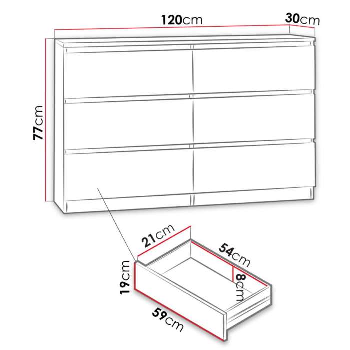 Diagram of chest of drawers MOLAMA M6 120 showing dimensions