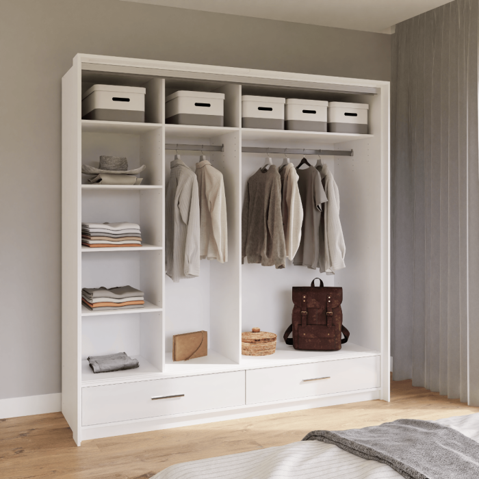 Wardrobe MARSYLIA 208 in white gloss open showing the shelves and hanging rails inside