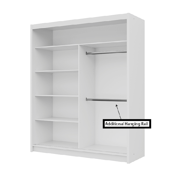 The interior of the VISTA 180cm wardrobe presenting a different configuration of 2 hanging rails and 4 shelves.