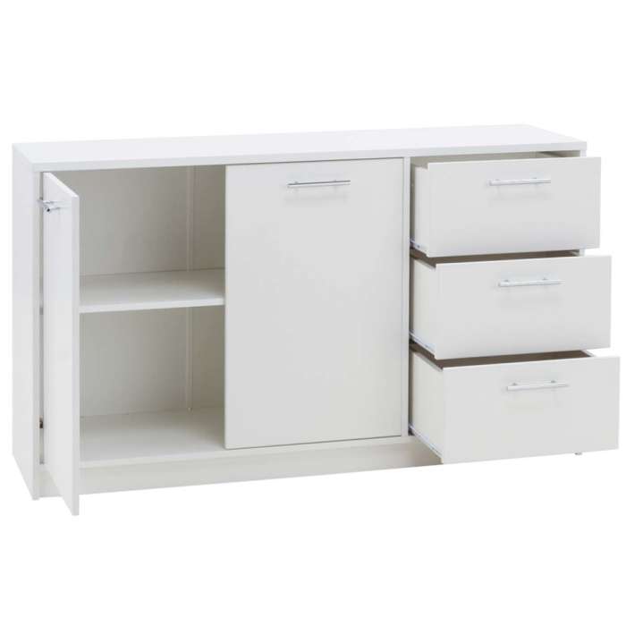 Sideboard BREMA in white with doors open showing the shelf inside and drawers open