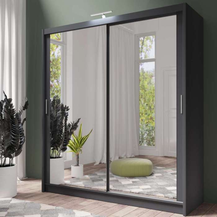PARIS 203cm graphite sliding door wardrobe with full-length mirrors, in a bedroom