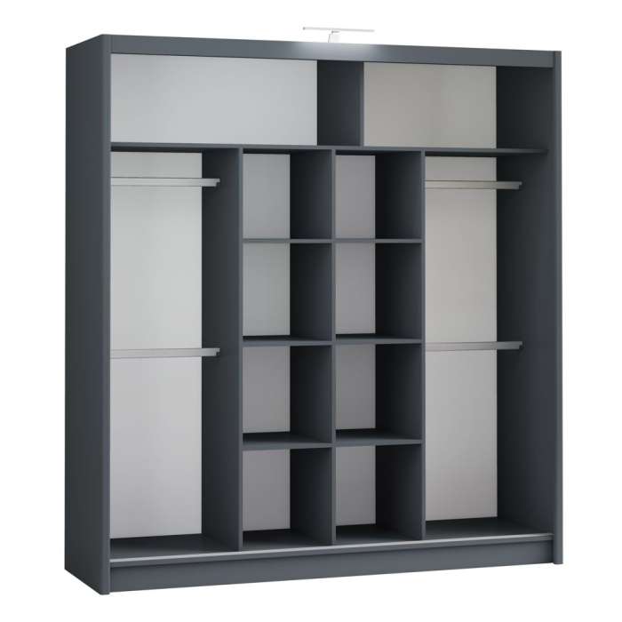 Interior of the graphite PARIS 203 wardrobe, with 8 shelves and 4 hanging rails