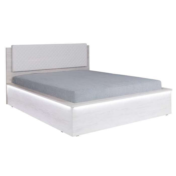 Bed DENERIO in white oak and white quilted headboard