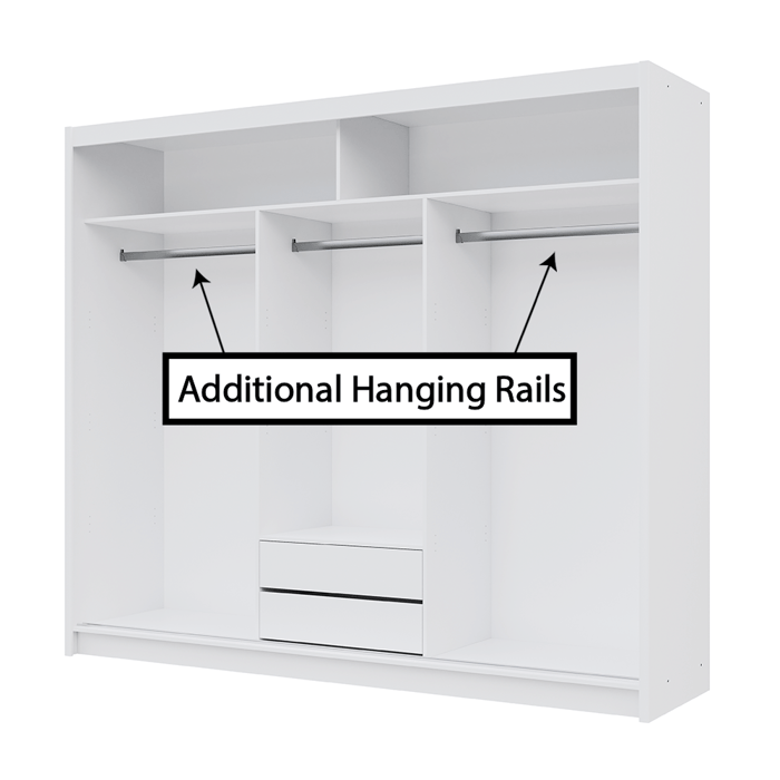 The interior of the MONAKO 250cm wardrobe presenting 2 shelves, 3 hanging rails and 2 drawers