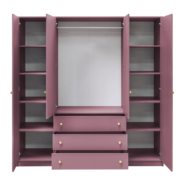 The interior of the SIENA II D4 wardrobe presenting 8 shelves, 1 hanging rail, and 3 drawers