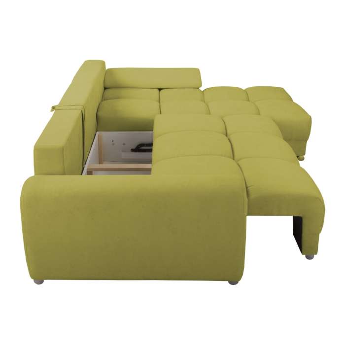 The corner sofa bed AZZURO BIS in olie green presenting a storage container.