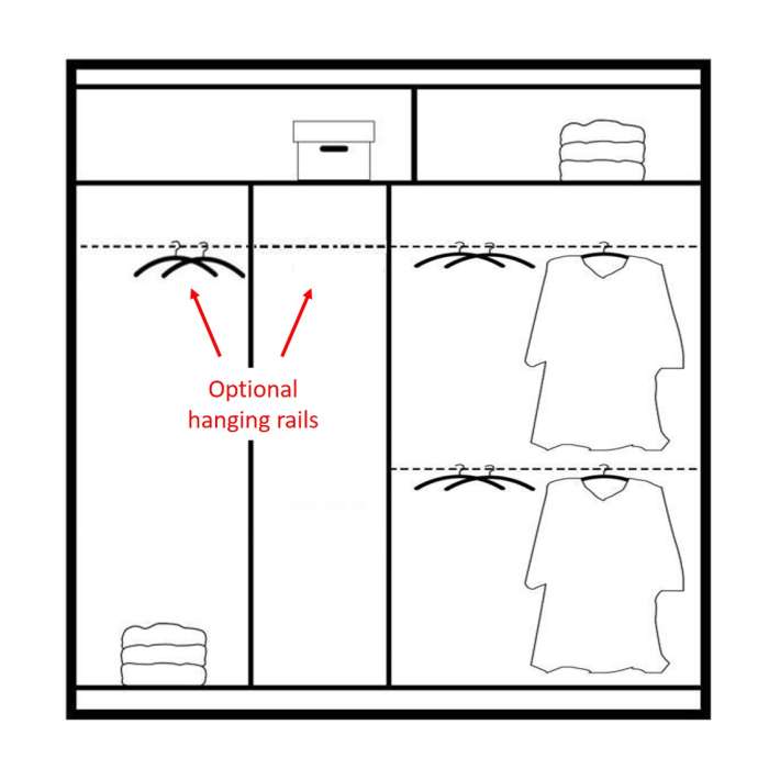 Diagram of the interior of TURYN 203cm wardrobe presenting 2 shelves and 4 hanging rails