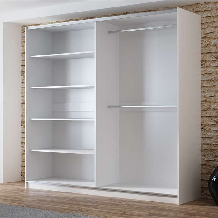 The interior of the VIGO 200cm wardrobe presenting 4 shelves on left, 2 hanging rails on the right