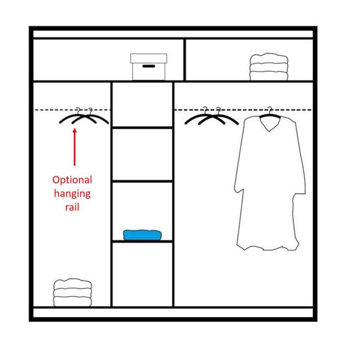The interior of the SALWADOR 203cm wardrobe presenting a different configuration of 2 hanging rails and 5 shelves.