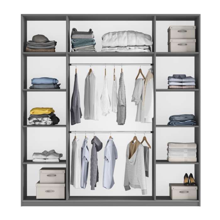 The interior of the RODOS 200cm white wardrobe presenting 9 shelves and 2 hanging rails