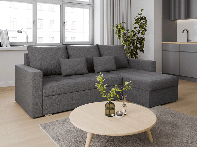 Folded corner sofa bed FOSTER antracitic, right corner in beautiful and cosy living room.