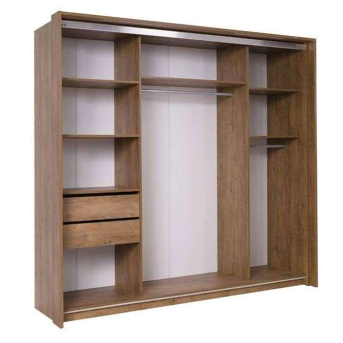 The interior of the LATIKA wardrobe presenting 5 shelves, 2 hanging rails and 2 drawers