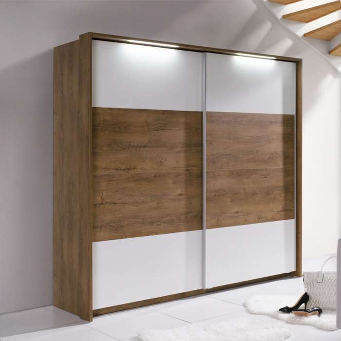 The sliding door wardrobe LATIKA burgundy oak and white with LED lights