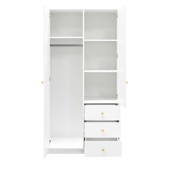 The interior of the SIENA D2 wardrobe presenting 3 shelves, 1 hanging rail, and 3 drawers