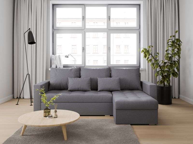 Folded corner sofa bed FOSTER grey, right corner in beautiful and cosy living room.