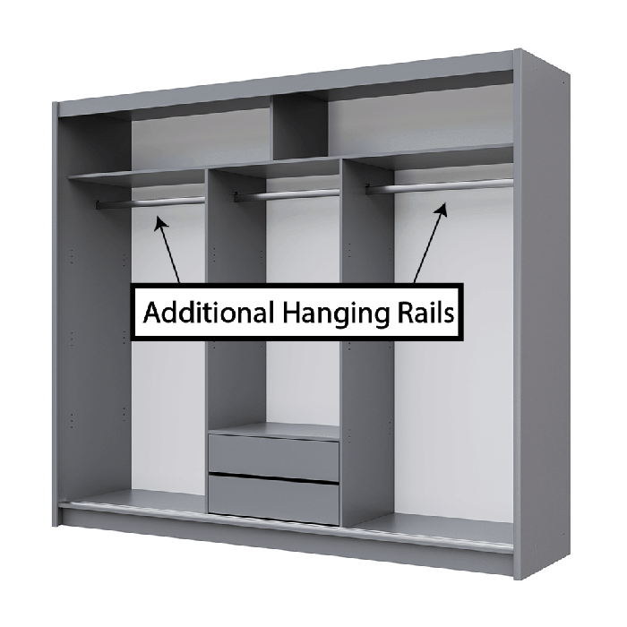 The interior of the PARIS LUX 250cm wardrobe presenting a different configuration of 2 shelves, 3 hanging rails and 2 drawers