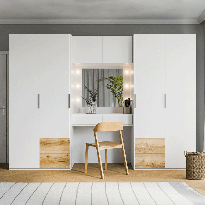 Wardrobe LATINA 300 with LED lights on around the mirror