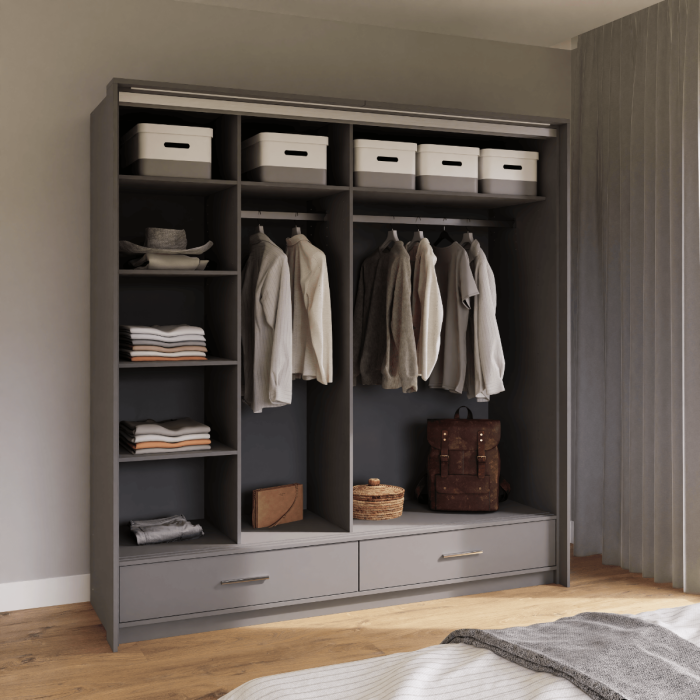 The interior of the MARSYLIA 208cm wardrobe presenting 6 shelves and 2 hanging rails, with 2 drawers on the outside