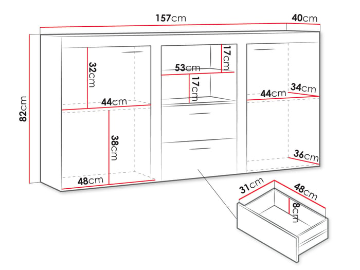 Diagram of sideboard RAMBA with dimensions