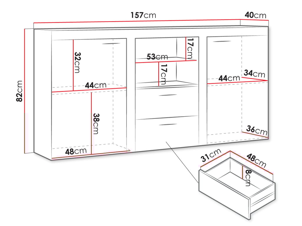 Diagram of sideboard RAMBA with dimensions
