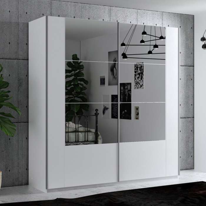 The sliding door wardrobe SANTIAGO 200cm white with panelled mirrored doors.