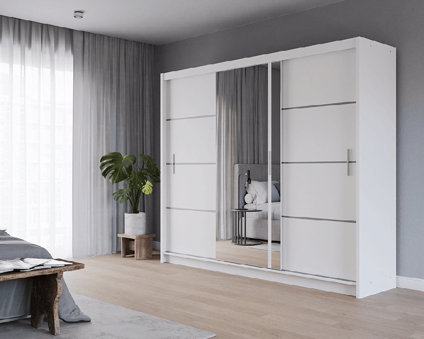 The sliding door VISTA 250cm white with mirrored door in a cosy bedroom.