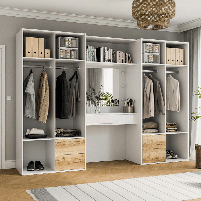 The interior of the wardrobe LATINA 300 presenting 4 hanging rails, drawers and shelves