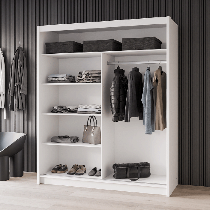The interior of the VISTA 180cm wardrobe white presenting 1 hanging rails and 4 shelves. 