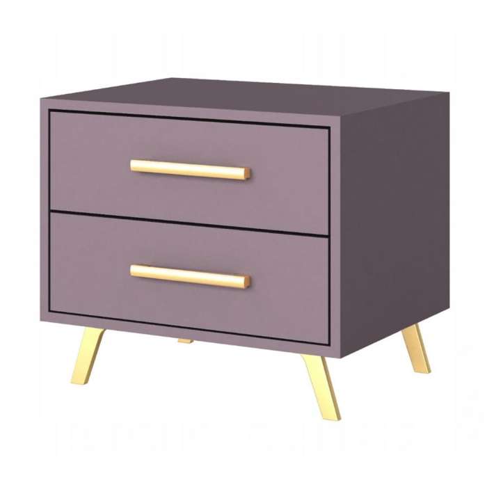 The BALI bedside table in plum with golden legs and handles.