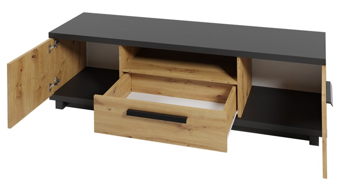 TV Unit INEZO with the doors and drawer open showing the interior