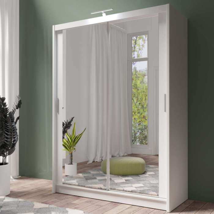 PARIS 160cm white sliding door wardrobe with full-length mirrors, in a bedroom