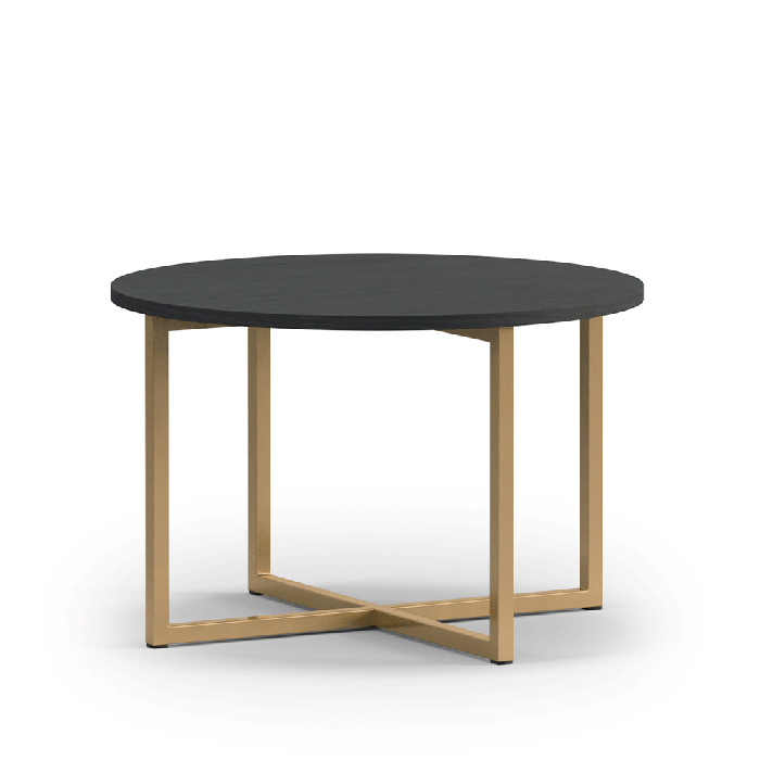 A round table with portland ash black tabletop and golden-beige X-frame legs.