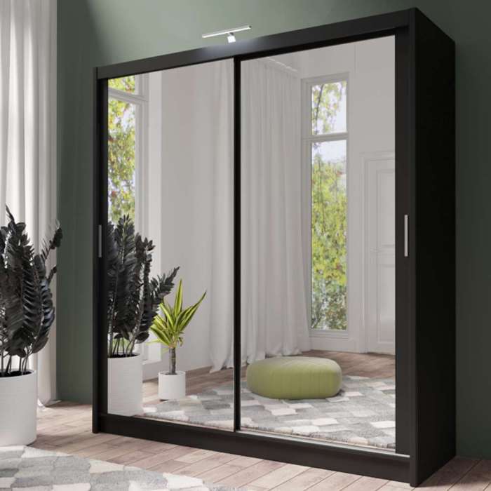PARIS 203cm black sliding door wardrobe with full-length mirrors, in a bedroom