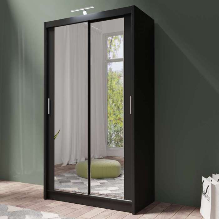 PARIS 120cm black sliding door wardrobe with full-length mirrors, in a bedroom