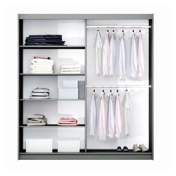 The interior of the TUNIS 200cm wardrobe presenting 4 shelves and 2 hanging rails.