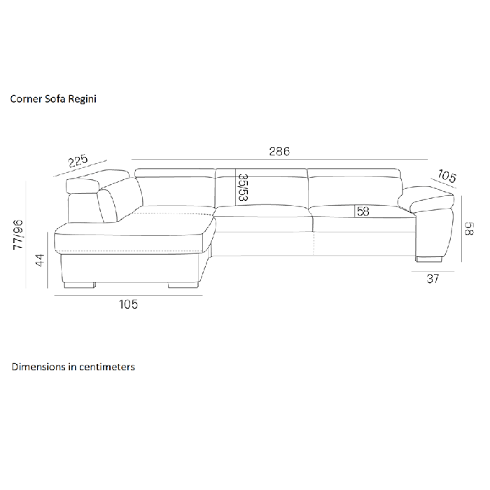 Diagram of Corner Sofa Bed REGINI 1 showing the dimensions