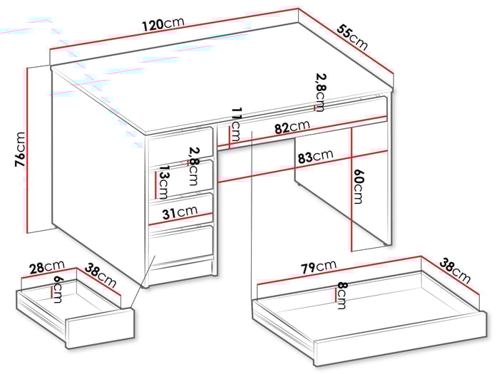Diagram of desk AIDEN with dimensions