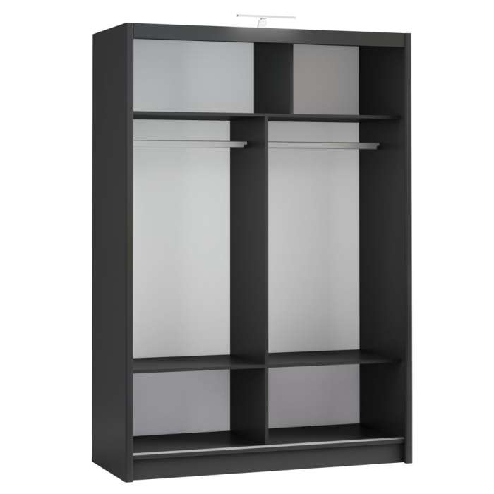 The interior of the PARIS 150cm wardrobe presenting a different configuration of 2 hanging rails and 4 shelves